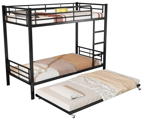 Azkoeesy Litera de Metal con Cama Nido 90x200 | 90x190 cm - con Barandillas de Seguridad, Somier Incluido, Cama Familiar/Invitados (3 Plazas), Color Negro - Ideal para Niños y Adolescentes