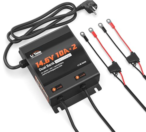 LiTime 2 Kanal 12V 10A Lithium Batterieladegerät Wasserdicht IP65, AC-DC | Für LiFePO4 Batterie,0V Batterien Aktivierung, LED-Anzeige, Mehrfachschutz für Wohnmobil, Boot, Trolling Motor, Solaranlage