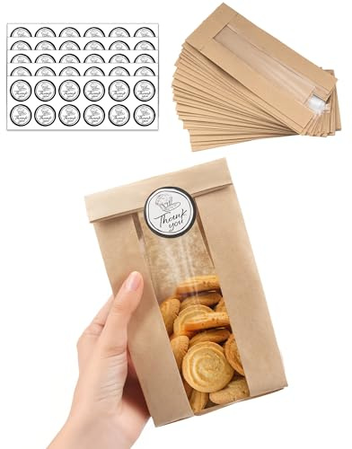 BakeChoice 50 Stück Papiertüten Klein mit Fenster,mit 60×Aufklebern,Bäckertüten Braun(8,89x5,85x19,05 cm), für Keks & Brottüten & Süßigkeiten & Süßwaren