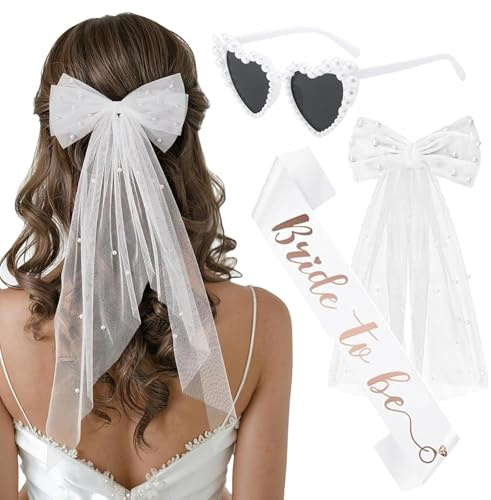 3 Stück JGA Accessoires Frauen Junggesellenabschied Frauen, Bride to Be Deko Bachelorette Party Spiele Zubehör 1 Brautkopfstück, 1 Schultergurt und 1 Paar herzförmige Sonnenbrille