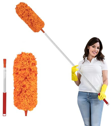 Fogray 2025 Upgraded Extendable Feather Duster with Soft Silicone Cap, Telescopic Long Handled Microfiber Dusters for Cleaning, Cobweb High Ceiling Fan Roof Blinds, Washable & Bendable(Orange)