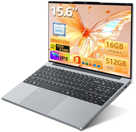 Ordenador Portátil 15,6 pulgadas con Office 365, 16GB RAM 512GB SSD Celeron N95, PC Portátil 1920*1080 FHD WiFi5, Computadora Portátil con Touch ID y teclado retroiluminado de tamaño completo