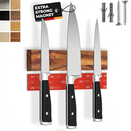 CUCINO Magnetic Knife Holder for wall, 10 no drilling required, includes self-adhesive tape, extra strong for holding knives – Awarded magnet strip – Acacia