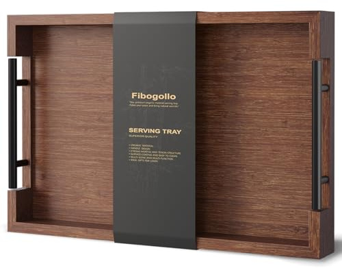 Fibogollo Bamboo Serving Tray with Metal Handles,38x25cm Ottoman Decorative Trays Platter for Coffee Table,Living Room,Bar,Party,Small(Brown)