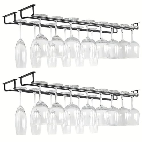 2 Pack Black Wine Glass Rack, 14 Inch Under Cabinet Stemware Holder, Wall Mounted Iron Wine Glass Hanging Rack for Shelf, Kitchen, Bar, Wine Cellar Storage, Organizer, Display
