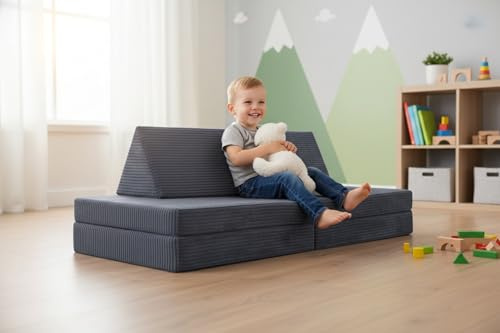 CozyKing Kindersofa in Cord grau – Weiches Spielsofa für Kinder mit abnehmbarem & waschbarem Bezug – Vollschaumkern, atmungsaktiv, Made in EU, ideal fürs Kinderzimmer