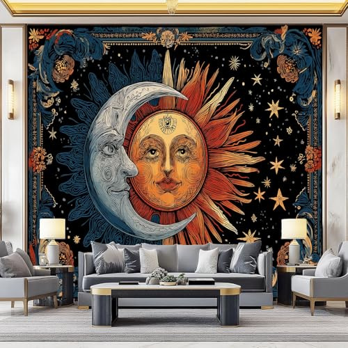 Papier Peint Motif Mystère Lune Illustration artistique Soleil, Coloré 3D Panoramique Papier Peint, Papier Mural Decoratif Pour Salon Chambre Murales, Moderne Décoration Murale 350 x 256 cm