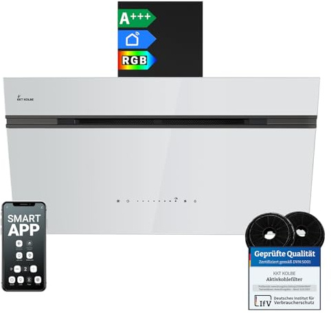KKT KOLBE A+++ Campana extractora de 90 cm 782 cbm/h, recirculación, sin cabeza, campana de pared, cristal blanco negro, marcha atrás automática, aplicación WiFi inteligente, SensorTouch, AURORA9005SW