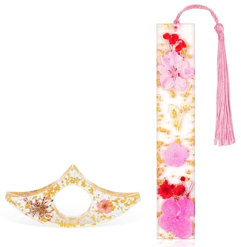 AUAUY 2 stycken harts bokmärken, bokmärken flickor transparent pressad blomma harts blommig bok sidohållare bokmärke med tofs boksidhållare tillbehör för läskare studenter lärare