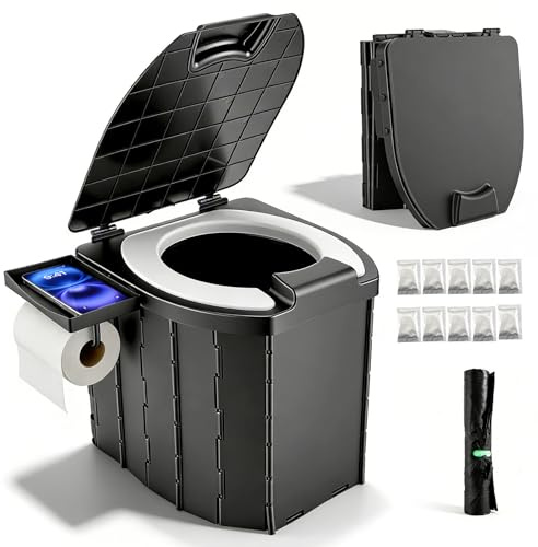 Faltbare Campingtoilette mit 42 cm Sitzhöhe, Camping WC für Erwachsene & Kinder, tragbarer Campingklo 200 kg Belastbarkeit, 5L Camping Zubehör Set mit Abfallbeutel für Outdoor, Garten, Notfall