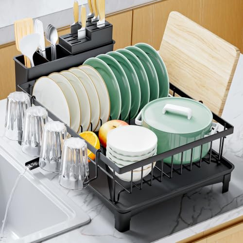 SAYAYO Abtropfgestell Geschirr Geschirrabtropfgestell mit Besteckhalter | Schwarz Dish Drying Rack Geschirr Abtropfständer mit 360° Drehbarem Auslauf Küchen-Trockenständer