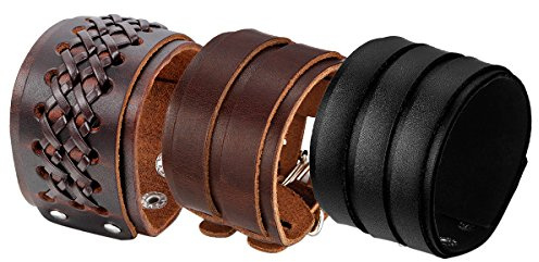 OIDEA 3pcs Adjustable Size Mens Gothic Cool Leather Bangle Cuff Wristband Bracelet,fit for 7 to 9 Inch