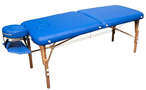 MASSUNDA – Mobile Montana Massageliege klappbar & höhenverstellbar – Stabiler Massagetisch aus Vollholz – Massagebank mit ergonomischer Kopfstütze, Armschlaufe & Nackenkissen (Königsblau)