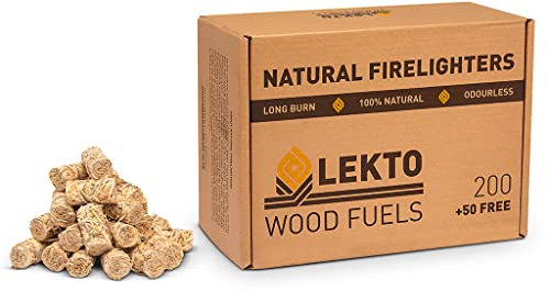 Lekto Woodfuels Natural Firelighters - Box of 200 + 50 Free, for Wood Burners, Fire Pits, BBQs, Chiminea & Camping | Eco Friendly Kindling Starters | Up to 10 Minute Burn | Compressed Wood Wool