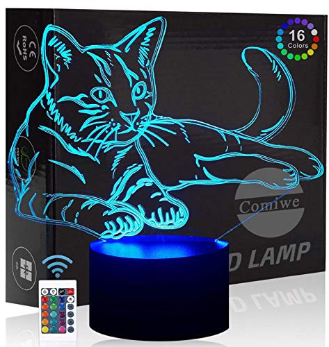 Comiwe Katze 3D Illusion Nachtlicht Spielzeug,Haus Dekor LED Bettseite Tischlampe 16 Farben Ändern und Fernbedienung,Weihnachten Geburtstag Geschenk für Mädchen Junge Kinder Freunde und Familie