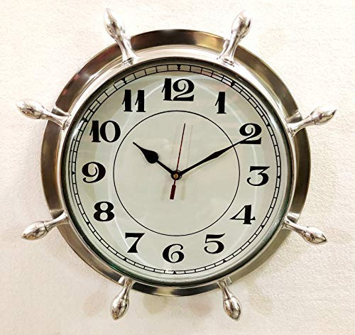 Antique Marine Brass Silver Ship Wheel Clock 38.1 cm Nautical Wall Hanging Clock Home Decor