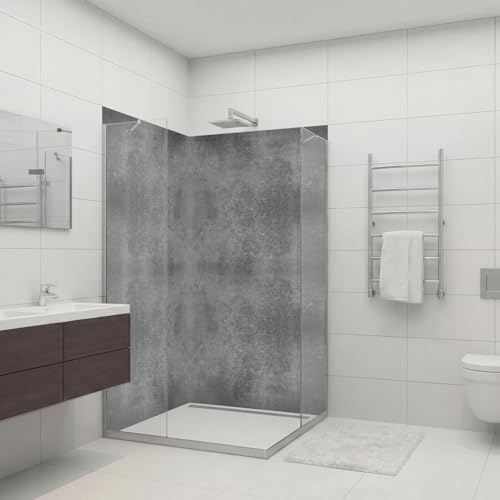 Dedeco 2x Premium Bad Duschrückwand mit Motiv: Beton V2, 90x200cm mit UV-Lack glänzend, wasserfest, hochwertig fugenlose Wandverkleidung aus 3mm-Alu-Verbundplatte, Fliesenersatz ohne Bohren