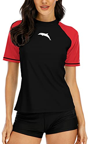 Halcurt UV Shirt Damen Rash Guard Kurzarm UPF 50+ Schnell Trocknender S-XXL | Sonnenschutz Schwimmshirt, Atmungsaktiv, Nur Schwimmoberteil, Raglan Ärmel