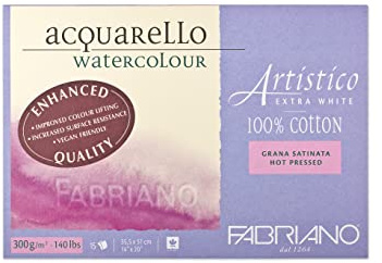 Fabriano Artistico Acquarello Watercolour, extra weiß, satiniert hot pressed, 35,5 x 51 cm, 15 Blatt 300 g/m², hochwertiger Künstler-Aquarellkarton, Block 4-seitig geleimt, vegan