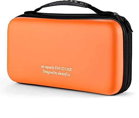 KUOCDSIK CD Tasche, 96 Kapazität Hart Eva Blu-ray CD-Brieftasche Doppelreißverschluss Handschlaufe Tragbare Disc Organizer DVD Hülle für Autofahrten (96 Kapazität, Orange96)