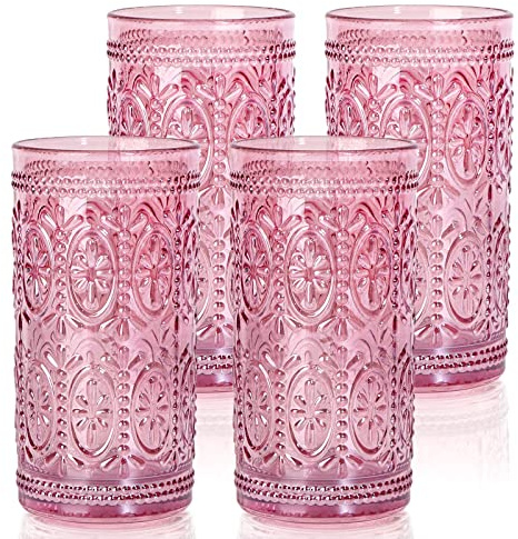 abrwyy Drinking Highball Beverage Glass Cup, Vintage Drinking Glasses, Colored Glassware Set for Party Wedding Home Office Gift, Set of 4 ,Pink