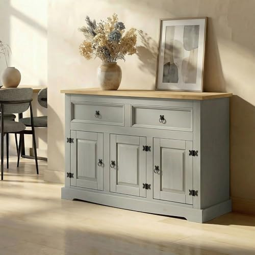 IDIMEX Sideboard Tequila Kommode mit 3 Türen 2 Schubladen, Schubladenschrank massiver Kiefer grau/braun Buffetschrank Geschirrschrank