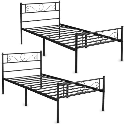 Yaheetech Set di 2 Struttura Letto Singolo in Ferro Battuto a Doghe in Metallo Stile Moderno Testiera Elegante Nero 90 x 190 cm