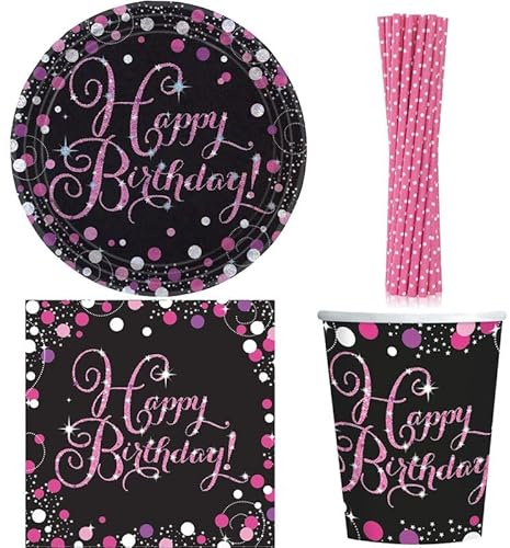 Playflip Geburtstag Partyset Partygeschirr Einweggeschirr pink schwarz Happy Birthday Frau Party Deko