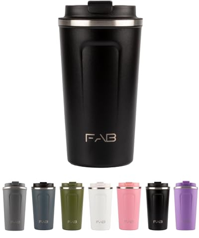 FAB Travel Mug, Reusable Coffee Cup (510ml, Black) - Double Wall Stainless Steel with Screw Lid - Thermal Camping Cup, Vacuum Insulated for Hot and Cold Drinks, Eco-Friendly