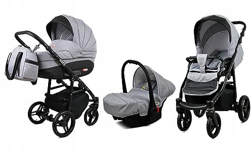 BabyLux® Bambimo Kinderwagen Set 3 in 1 - Axel - incl. Babywanne, Buggy Sportsitz, Auto-Babyschale - Autositz - Kinderwagenset - Kombikinderwagen mit Wickeltasche, Regenschutz usw.