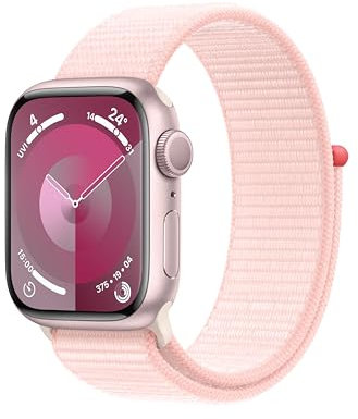 Apple Watch Series 9 (GPS, 41 mm) Smartwatch mit Aluminiumgehäuse in Pink und Sport Loop Armband in Hellrosa. Fitnesstracker, Blutsauerstoff und EKG Apps, Always-On Retina Display, CO₂ neutral