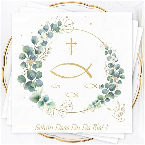Servietten Taufe Kommunion Konfirmation - 40 Stück 3-Lagig Schön Dass Du Da Bist in Grün Eukalyptus - Tischdeko für Geburtstag Hochzeit 33x33cm