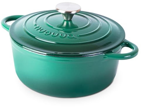 Cocotte en Fonte Émaillée – Casserole Faitout avec Couvercle, Antiadhésif, Marmite pour Induction et Four, 2.9 Liter – Vert Foncé – par Nuovva