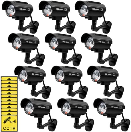 Kanayu 12 telecamere di sicurezza a energia solare con luci LED | Deterrente realistico con luce lampeggiante, resistente alle intemperie per casa, magazzino, solare, senza cablaggio