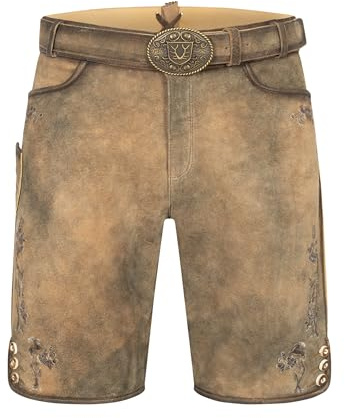 Krüger Herren Trachten Lederhose kurz, Modell: Paulo mit Gürtel, Knielang, braun, Tracht, Volksfest