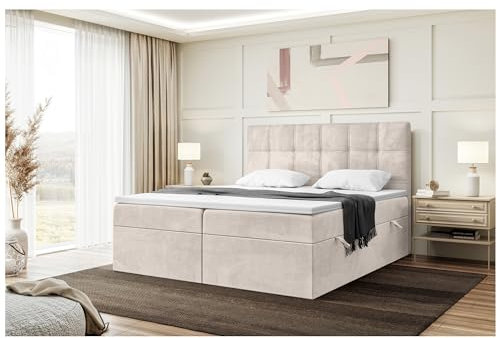 MEBLINI Boxspringbett mit Bettkasten - Gepolstert Doppelbett mit Matratze und Topper - Polsterbett mit Stauraum - Bett mit Kopfteil - Kai - 140x200 - H3/Beige Samt