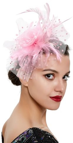 Fascinator für Damen, Vintage-Fascinator, mit Federn, Blume, Netzstoff, Haarreif, Fascinator, rose, Einheitsgröße