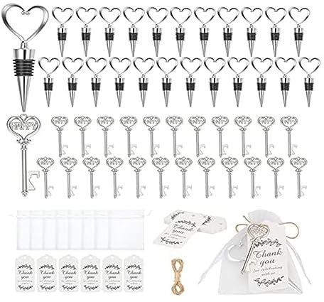 Runioney 24 Pieces Key Bottle Opener And 24 Pieces Wine Cork Set Bottle Opener Key Ring Wedding Favours