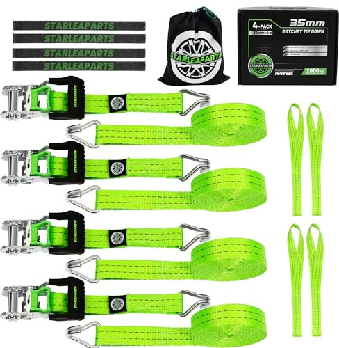 StarLeaparts Lot de 4 Sangles de Roue, 35mm x 6m, 2000kg, Sangles d'arrimage pour Transport Voiture, Sangle de Serrage Pneu, Sangle a cliquet Roue, Sangle de sécurité de Roue, Vert