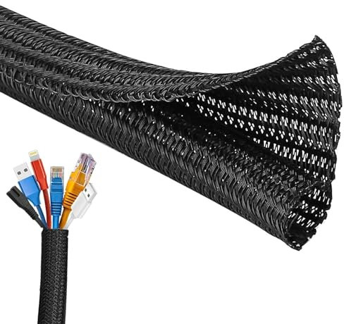 SSKHE Cable Tidy Sleeve, 4m Cord Protector Wire Loom Tubing Cable Sleeve Split Sleeving for USB Power Cord Audio Video Cable Protect Cat from Chewing Cords