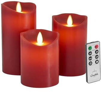 LC Home Candela Lights LED Kerzen Set Rot Stumpenkerze Echtwachs mit Fernbedienung Timer Funktion & mehrstufig dimmbar bewegliche Flamme Echtwachskerzen (Rot, 3er Set)