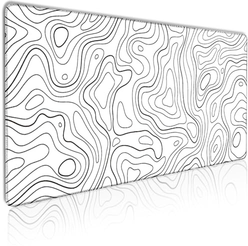 MATKING Topography Large Mouse Mat, XXL White Gaming Mouse Pad with Seamed Edges, Waterproof Desk Mat, (900x400x3mm) Computer Keyboard Mat with Non-Slip Rubber Base, Desk Pad