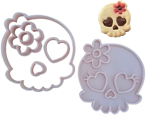 Cookies cutter - Teschio con fiore - per creare biscotti di Halloween - Stampo per biscotti o pasta di zucchero - 8cm x 7cm x 1,2cm