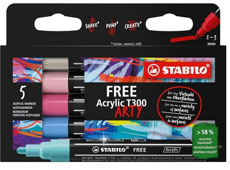 STABILO - Acrylmarker - FREE Acrylic T300 | Strichbreite 2-3 mm, 5er Pack, CANDY