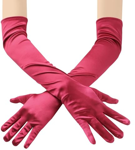 JUNART Longs gants en satin, gants élégants longueur coude pour fête d'opéra, mariage, robe de soirée, costume de carnaval, danse, Bordeaux - 1 paire, 1Pair