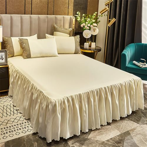 Highdi Jupe de lit à Volants Microfibre Couvre-lit, Couleur Unie Antidérapant Cache Sommier avec Ourlet Élastique et Doux Drap Housse Para Single Queen King (180x200cm,Blanc Ivoire)