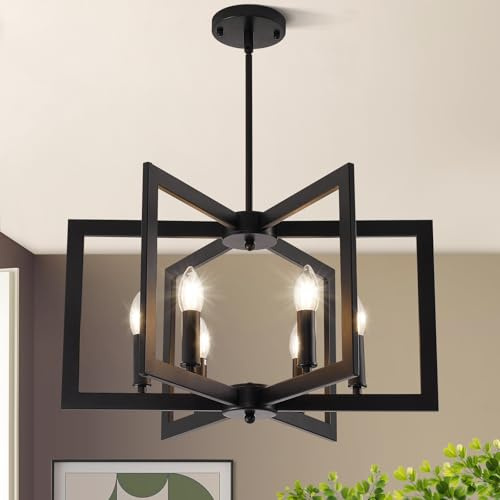 21.6 Black Chandelier for Dining Room, 6-Light Geometric Farmhouse Dining Room Fixture, Modern Foyer Lighting Fixtures, Industrial Hanging Pendant Lights for Kitchen Island, Living Room, Entryway