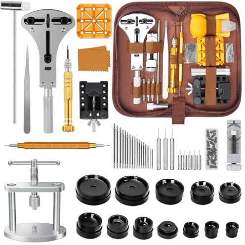 NefLaca Uhrenwerkzeug Set Uhrenpresse Uhren Reparatur Uhrendeckel öffner Einpresswerkzeug Schraubendreh Uhrenwerkzeug Batteriewechsel Gehäuseschließer Uhr Reparatur Werkzeug mit 12 Druckplatten
