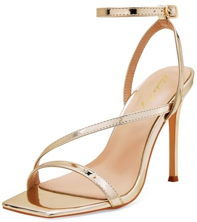 Zhabtuc sandali donna tacco alto, design quadrato, punta aperta, cinturino comodo, tacco a stiletto 10 cm, perfetti per feste e uso quotidiano, Oro, 42 EU