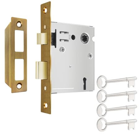 Mortise Lock Replacement Parts, Old Style Indoor Mortise Lock Assembly Kit with Antique Skeleton Keys and Reversible Latch Bolt, Antique Brass Plated Finish